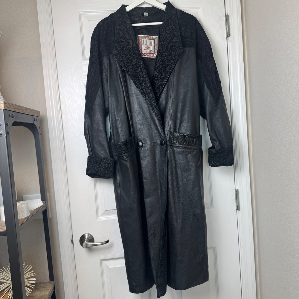 Vintage‎ Black Leather Lace Paisley Trim Long Trench Duster Coat Women's Medium